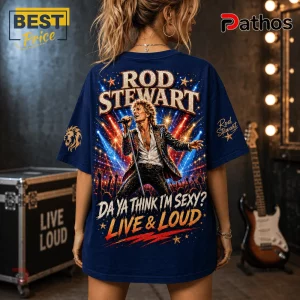 Rod Stewart Forever Young Navy Blue Cotton T-Shirt 4 Navy blue unisex T-shirt featuring a Rod Stewart concert graphic with Da Ya Think I'm Sexy text and stage light design.!