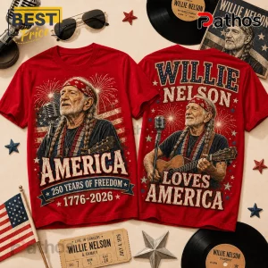 Willie Nelson America 250th Anniversary Music Legend T-Shirt 1 Willie Nelson graphic t-shirts in red, featuring his portrait, guitars, and American patriotic fireworks motifs.!