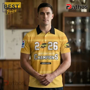 Yellow Hurricanes rugby polo with black collar, 2026 text, Super Rugby Pacific branding, and striped fabric pattern.!