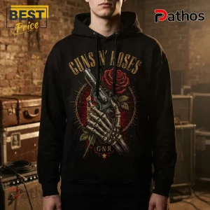 Black hooded sweatshirt featuring a Guns N' Roses graphic of a skeletal hand holding a revolver and a red rose.!