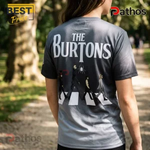 Grey crew neck t-shirt displaying The Burtons text and four Tim Burton film characters crossing a road graphic on the back.!
