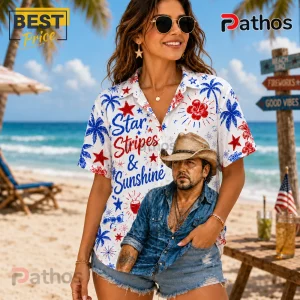 Woman wearing white button-down shirt with red stars, blue palm trees, and the text Star Stripes & Sunshine at a beach.!