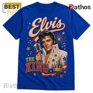Blue cotton crew neck t-shirt featuring graphic art of Elvis Presley with a microphone, stars, and the text The King.!