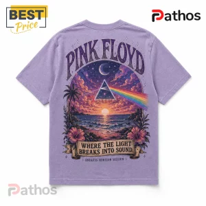 Lavender t-shirt featuring Pink Floyd Dark Side of the Moon prism graphic, sunset ocean beach scene, and hibiscus flowers.!