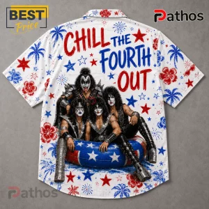 KISS band members on a patriotic inner tube with red, white, and blue stars, flowers, and Chill The Fourth Out text.!