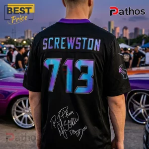 Black jersey with Screwston and number 713 in iridescent blue text, featuring a signature and purple collar accent.!