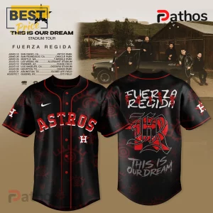Houston Astros x Fuerza Regida Stadium Tour Black Baseball Jersey with red eye patterns and white team lettering.