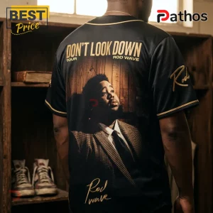 Black baseball jersey with Rod Wave portrait, Don't Look Down Tour text, gold piping, and embroidered signature on sleeve.!