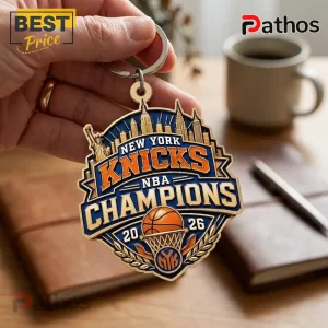 New York Knicks 2026 NBA Champions 3D Metal Keychain 1 New York Knicks 2026 NBA Champions 3D metal keychain featuring a city skyline, basketball hoop, and team colors.