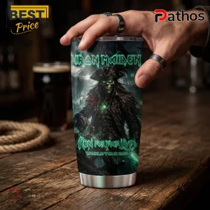 Iron Maiden stainless steel tumbler featuring Eddie in pirate attire and Run For Your Lives World Tour 2026 text graphics.!