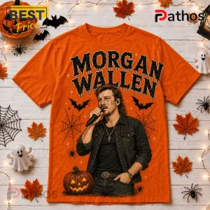 Morgan Wallen Spooky Season T-Shirt 2026 featuring a singer graphic, orange fabric, bats, cobwebs, and a jack-o-lantern.