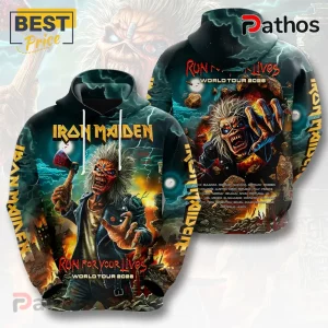 Iron Maiden Run For Your Lives 2026 tour hoodie with Eddie graphic, bloodied axe, fiery background, and world tour list.!