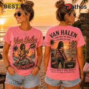 Pink Van Halen t-shirt with Eddie Van Halen playing guitar graphic on front and song titles on back beach sunset art.!