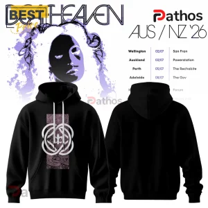 Black cotton hoodie featuring a purple abstract face graphic and a white celtic-style knot print on the front chest.!