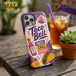 Taco Bell branded iPhone case with purple, yellow, and white graphic featuring a hot sauce bottle, taco, and mission bell.!