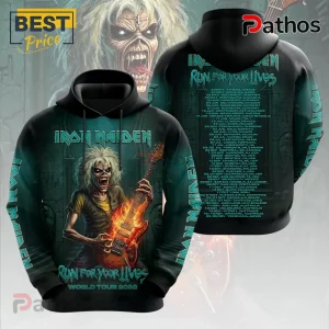 Iron Maiden Run For Your Lives tour hoodie featuring Eddie playing a flaming guitar against a dark teal stone backdrop.!