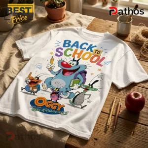 Oggy and the Cockroaches Back to School White T-Shirt 1 Oggy and the Cockroaches Back to School White T-Shirt featuring cartoon characters, school supplies, and colorful text.