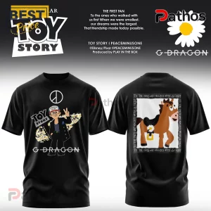 G-Dragon x Toy Story Bullseye Daisy Black Hoodie 3 Black cotton t-shirt featuring Toy Story, G-Dragon, and Peaceminusone graphic with Bullseye the horse on the back.!