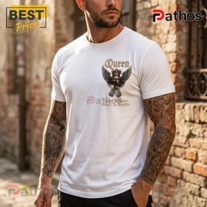 White crew-neck t-shirt with a winged crown and dog tag graphic featuring the text Queen and Lead with Heart. Stand Like Royalty.!