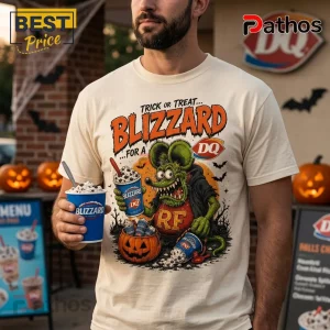 Rat Fink DQ Blizzard Halloween T-Shirt 1 Rat Fink DQ Blizzard Halloween T-Shirt featuring a green monster character, ice cream cups, pumpkins, and spooky text.