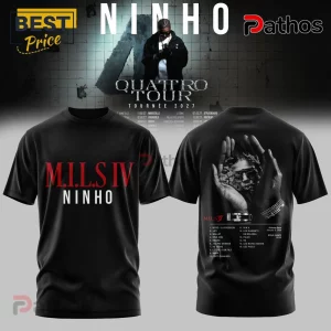 Ninho Quattro Tour 2027 MILS IV Black Hoodie 4 Black cotton t-shirt featuring M.I.L.S IV Ninho red and white text on front and tracklist with hands graphic on back.!