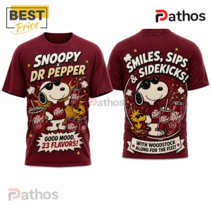 Snoopy x Dr Pepper Limited Edition Maroon T-Shirt featuring Snoopy, Woodstock, and soda graphics on front and back panels.
