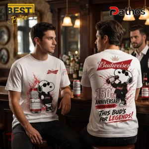 Budweiser x Snoopy 150th Anniversary White T-Shirt 1 Budweiser x Snoopy 150th Anniversary White T-Shirt showing Snoopy in sunglasses holding a beer bottle and logo graphics.