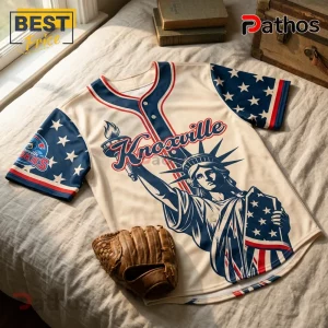 Knoxville Smokies 2026 USA Independence Day Baseball Jersey 1 Knoxville Huskies baseball jersey with Statue of Liberty graphic, navy blue stars, and red, white, and blue trim.!