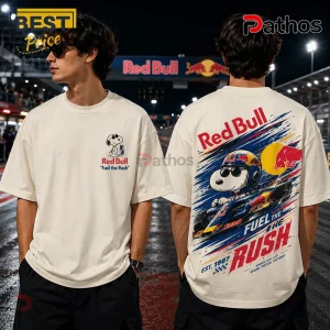 Off-white oversized cotton t-shirt featuring Snoopy in a Red Bull racing car on back and logo on front chest.!