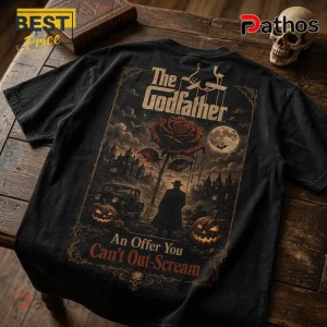 The Godfather Halloween An Offer You Can Not Out-Scream T-Shirt 3 Black graphic t-shirt featuring The Godfather text, a gothic rose, jack-o'-lanterns, and a vintage car on a wood table.!