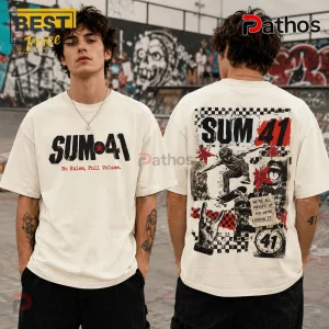 Sum 41 No Rules Full Volume Off-White T-Shirt 3 Off-white cotton t-shirt with Sum 41 band logo, skateboarder graphics, red stars, and checkered patterns on back.!