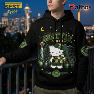 Seattle Storm x Hello Kitty black pullover hoodie featuring a city skyline graphic with the Space Needle and a basketball.
