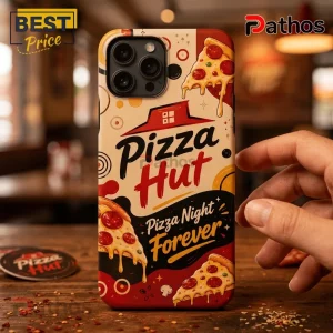 Pizza Hut branded iPhone case with pepperoni pizza graphics, red logo, and Pizza Night Forever text on wooden table.!