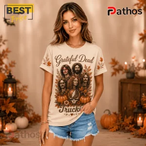 Grateful Dead Fall Dancing Bear T-Shirt featuring a vintage band portrait, autumn leaves, and pumpkins on cream cotton.