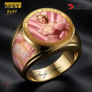 Marilyn Monroe 100th Anniversary Gold Engraved Ring featuring a portrait of Marilyn and 100 years text on a gold band.