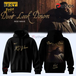 Black cotton hoodie featuring Rod Wave Don't Look Down album art print on the back and gold signature on the chest.!