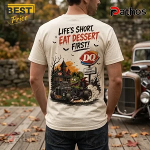 Rat Fink DQ Blizzard Halloween T-Shirt 4 Rat Fink DQ Blizzard Halloween T-Shirt featuring a green monster driving a hot rod toward a spooky haunted house.
