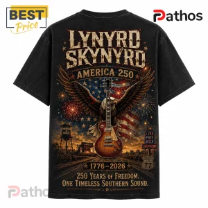 Lynyrd Skynyrd America 250 Eagle Flag T-Shirt 4 Lynyrd Skynyrd America 250 Eagle Flag T-Shirt featuring a bald eagle, American flag, electric guitar, and concert scene.
