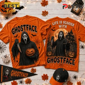 Ghostface Orange Halloween 2026 T-Shirt featuring two designs with the horror icon, jack-o'-lanterns, and a spooky mansion.