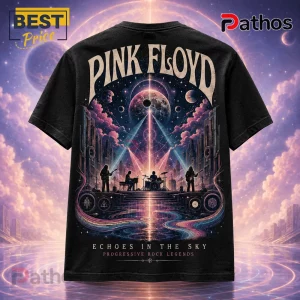 Pink Floyd Echoes In The Sky Black T-Shirt 3 Pink Floyd Echoes In The Sky Black T-Shirt with a band performing on stage under a celestial nebula and planet backdrop.