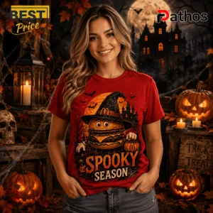 McDonalds Halloween Witch Burger Spooky Season Red T-Shirt 3 McDonalds Halloween Witch Burger Spooky Season red T-shirt featuring a burger wearing a witch hat and holding a bucket.