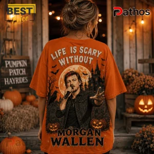 Morgan Wallen Spooky Season T-Shirt 2026 features a country singer illustration, haunted castle, and orange fabric.