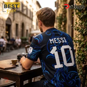 Man wearing black and blue Messi number 10 soccer jersey sitting at an outdoor cafe table with a coffee cup.!