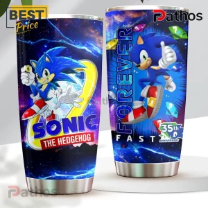 Sonic the Hedgehog stainless steel insulated tumbler with galaxy background, 35th anniversary text, and chaos emeralds.!