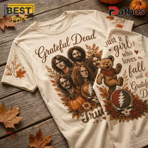 Grateful Dead Fall Dancing Bear T-Shirt featuring band members, autumn leaves, a pumpkin, and a dancing bear graphic.