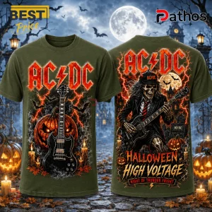 AC/DC High Voltage Pumpkin Skeleton T-Shirt showing front and back prints on olive fabric with a haunted graveyard design.