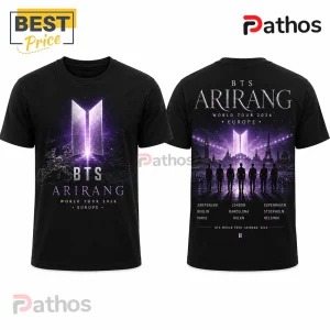 Black cotton t-shirt featuring BTS Arirang 2026 tour graphics, purple logo on front, and European city list on back.!