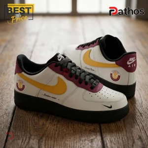 PWHL Hamilton Custom Air Force 1 Sneakers in white leather with gold swooshes, burgundy accents, and team branding.