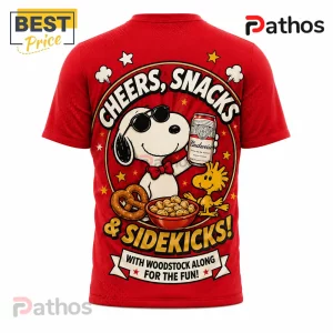 Snoopy x Budweiser Vintage Comic T-Shirt in red featuring Snoopy wearing sunglasses, holding a beer, and with Woodstock.