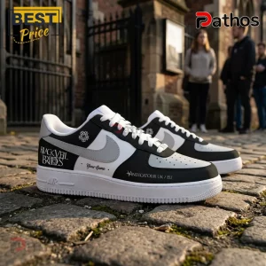 Black Veil Brides Vindicatour UK Tour 2026 Custom Low Top Shoes 2 Black and white leather sneakers with Black Veil Brides logo, Vindicatour UK/EU text, and custom name area on cobblestones.!